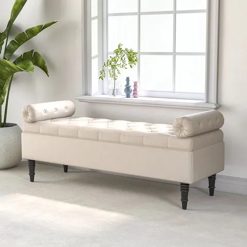 BOXED ETHELSVILLE UPHOLSTERED FLIP TOP STORAGE BENCH WITH SIDE ARMS -BEIGE-
