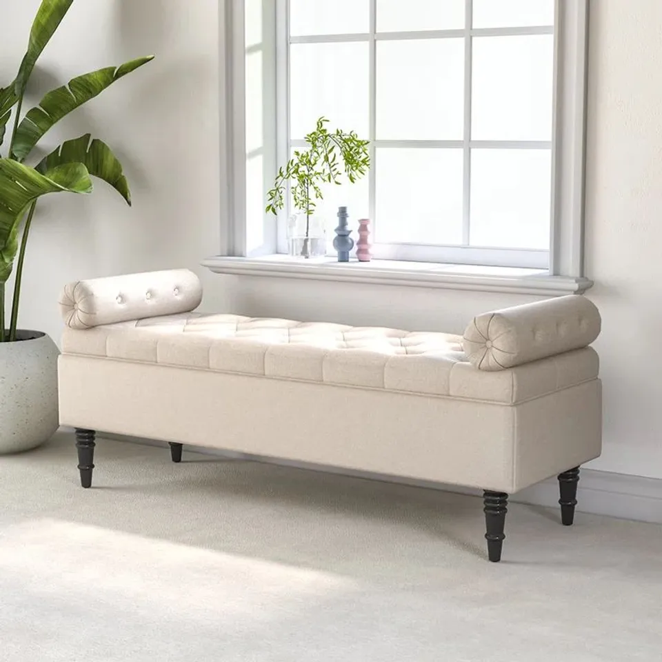 BOXED ETHELSVILLE UPHOLSTERED FLIP TOP STORAGE BENCH WITH SIDE ARMS -BEIGE-