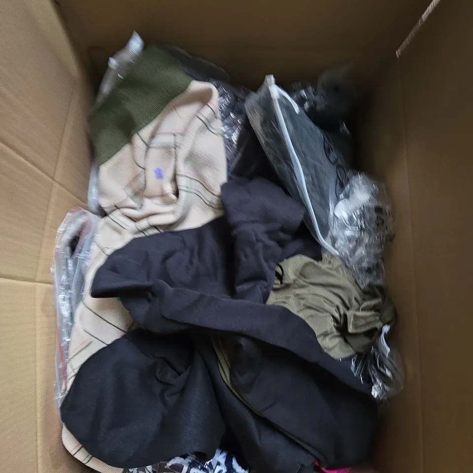 LARGE BOX OF ASSORTED CLOTHING ITEMS IN VARIOUS SIZES, STYLES AND COLOUR 