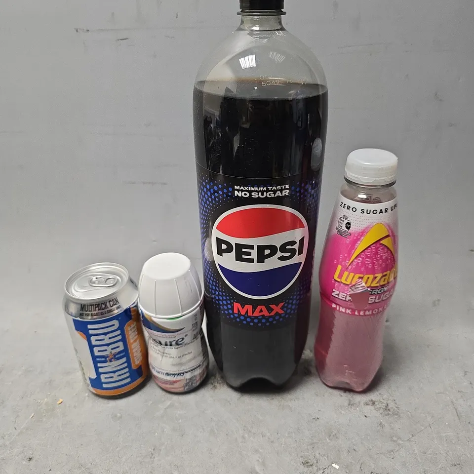 APPROXIMATELY 5 ASSORTED DRINKS ITEMS TO INCLUDE - PEPSI MAX , IRN BRU SUGAR FREE , LUCOZADE PINK LEMONADE ETC