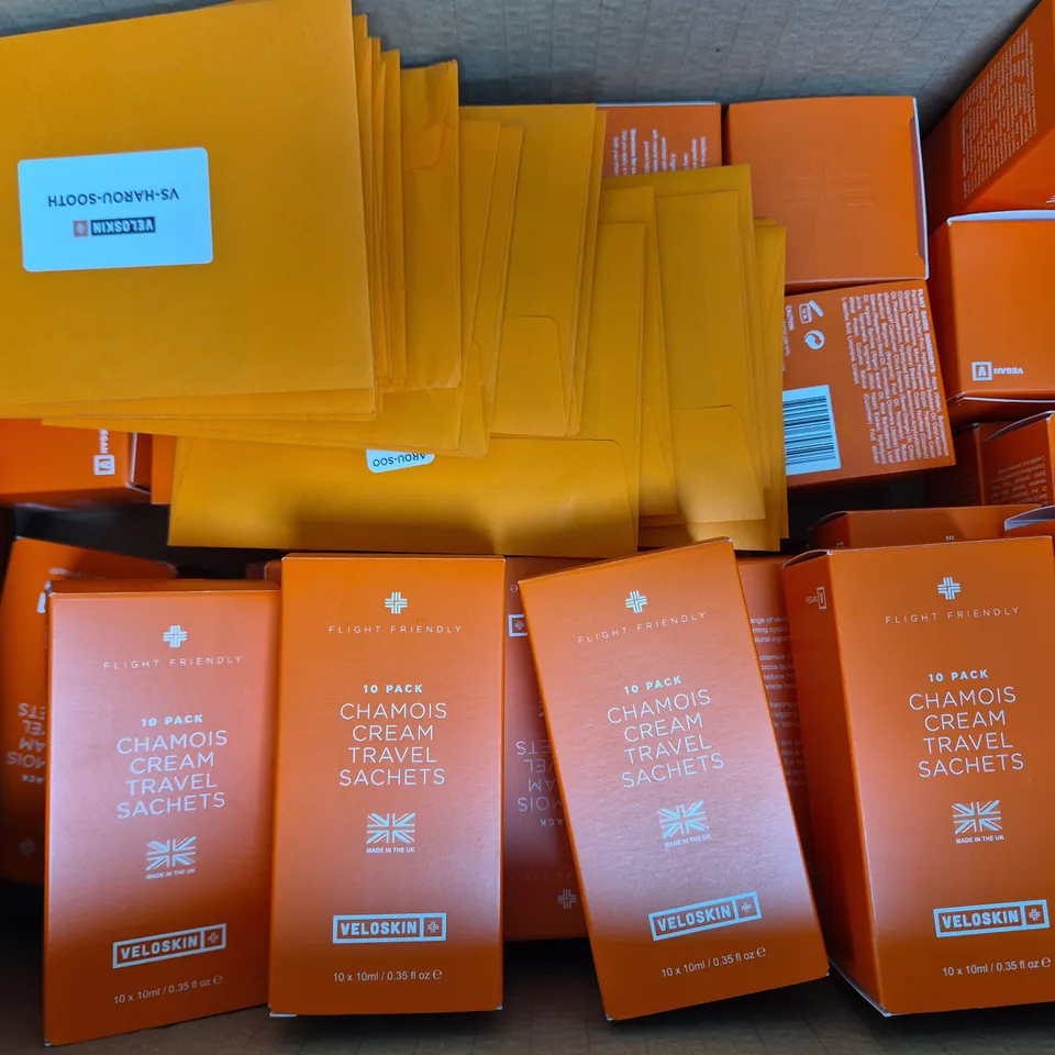 BOX OF APPROXIMATELY 20 ASSORTED VELOSKIN PRODUCTS TO INCLUDE CHAMOIS CREAM TRAVEL SACHETS, ETC