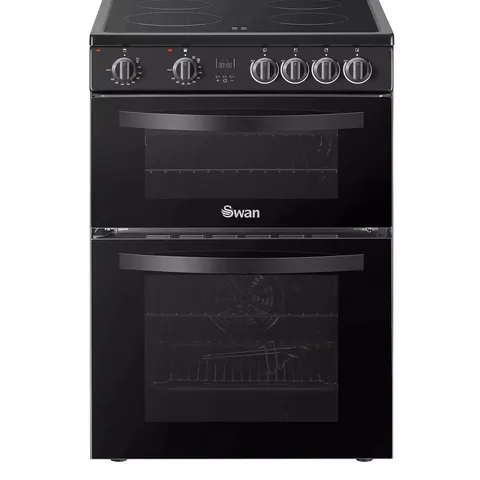 BOXED SWAN SX16720B 60CM ELECTRIC TWIN OVEN CERAMIC HOB COOKER - BLACK