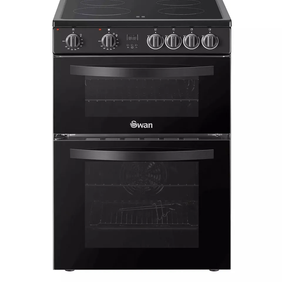 BOXED SWAN SX16720B 60CM ELECTRIC TWIN OVEN CERAMIC HOB COOKER - BLACK
