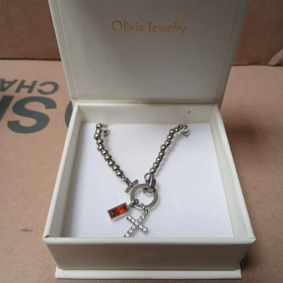 OLIVIA JEWELRY SILVER-TONE BRACELET WITH RED GEM CHARM & CRYSTAL CROSS