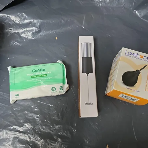 APPROXIMATELY 10 ASSORTED HOUSEHOLD ITEMS TO INCLUDE MILK FROTHER, ANAL DOUCHE & TOILET TISSUE WIPES ETC
