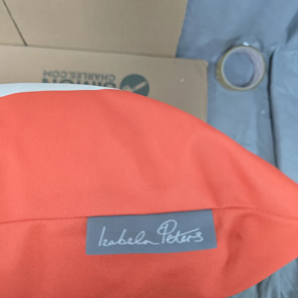 ISABEL PETERS DECORATIVE CUSHION – ORANGE AND PALE BLUE STRIPED