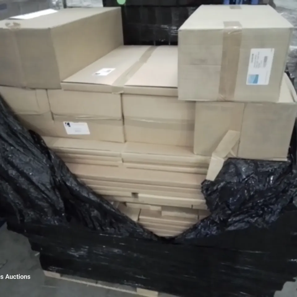 PALLET OF ASSORTED BOXED BATHROOM ITEMS INCLUDING, TALL WHITE INFILL PANELS 1222 × 220mm, TOILET ROLL HOLDERS, VANITY UNIT PELMETS.