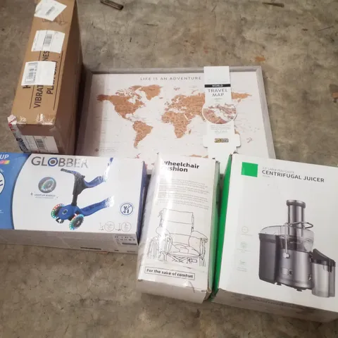 PALLET CONTAINING ASSORTED PRODUCTS INCLUDING WORLD TRAVEL MAP, CENTRIFUGAL JUICER, WHEELCHAIR CUSHION, KIDS SCOOTER & VIBRATION PLATES