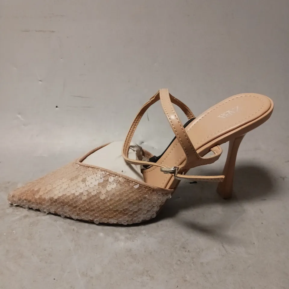 PAIR OF ZARA SEQUIN STRAPPY COURT HEEL, NUDE - UK SIZE 6