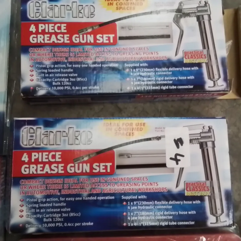 MIXED BOX OF TOOLS AND MACHINERY EQUIPMENT TO INCLUDE: GREASE GUN SETS, SOCKET SET, AIR BLOW KIT, TYRE SHINE, SPRAY GUN HOSES ETC.