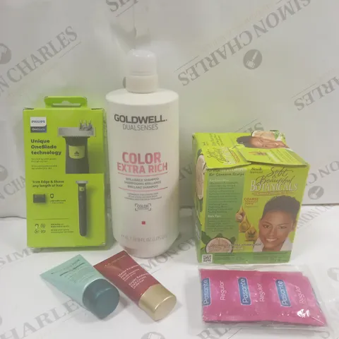 BOX OF APPROXIMATELY 20 ASSORTED COSMETIC ITEMS TO INCLUDE ONE BLADE SHAVER, DUREX CONTRACEPTION, COLOUR EXTRA RICK SHAMPOO ETC