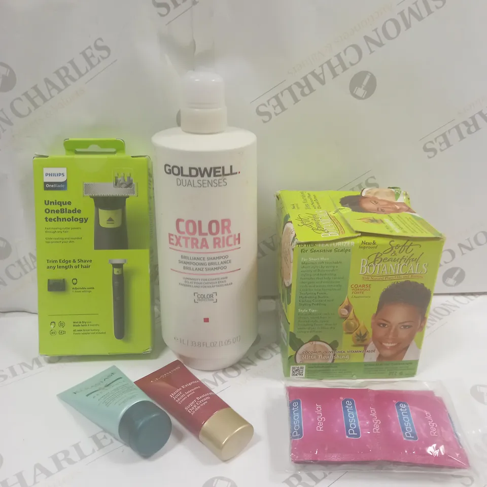 BOX OF APPROXIMATELY 20 ASSORTED COSMETIC ITEMS TO INCLUDE ONE BLADE SHAVER, DUREX CONTRACEPTION, COLOUR EXTRA RICK SHAMPOO ETC