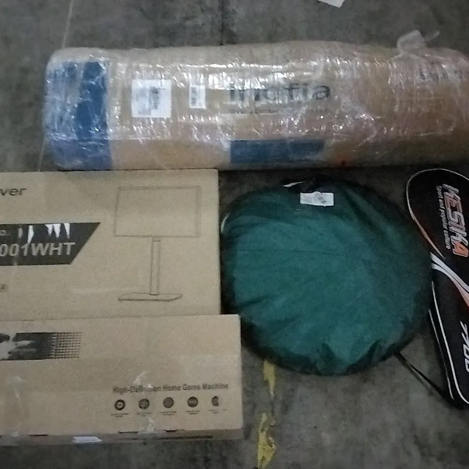 PALLET OF ASSORTED ITEMS INCLUDING INOFIA MATTRESS TOPPER, POP UP TENT,BADMINTON RACKETS, HIGH-DEFINITION HOMEGAME MACHINE, TV STAND