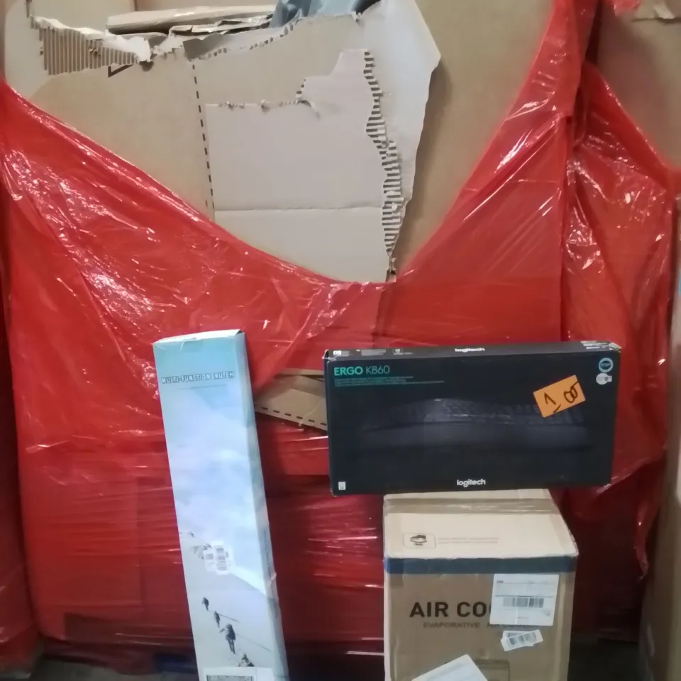 PALLET OF ASSORTED HOUSEHOLD GOODS AND PRODUCTS TO INCLUDE;AIR COOLER,KEYBOARD,HIKING STICKS