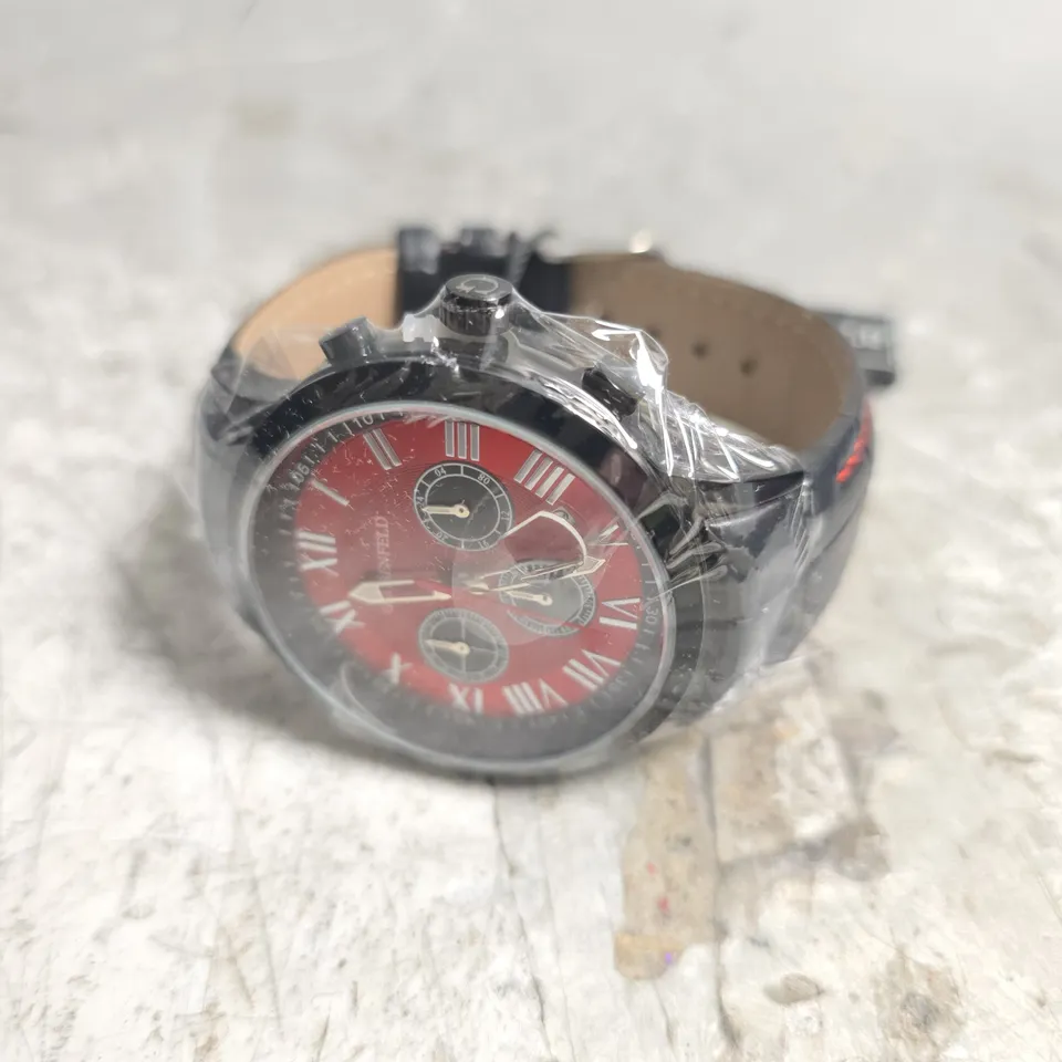 BOXED GLOBENFELD ROMAN CHRONOGRAPH WATCH WITH RED DIAL 
