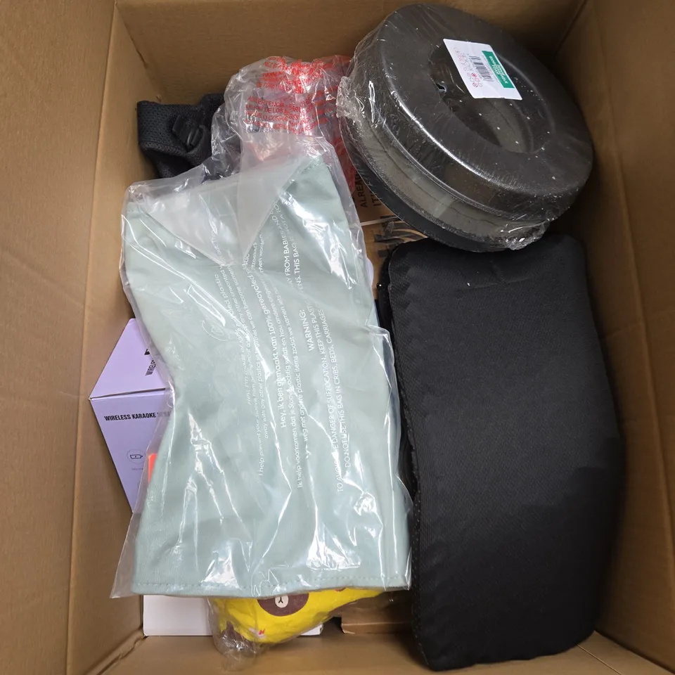 LARGE BOX OF ASSORTED HOUSEHOLD ITEMS TO INCLUDE WALLPAPER, WIRELESS KARAOKE SPEAKER 