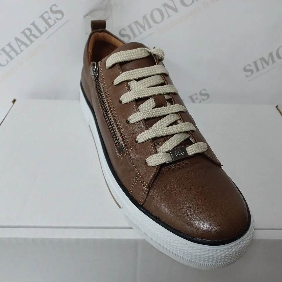 BOXED PAIR OF MODA IN PELLE FILICIA TRAINERS IN TAUPE - SIZE 6