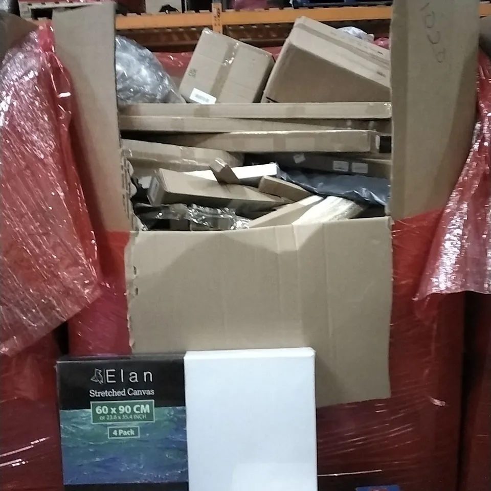 PALLET OF HOUSEHOLD ITEMS TO INCLUDE STRECHED CANVAS,ALKALINE WATER COUNTERTOP UNIT,BABY DOLLL,LIGHT UP MUSICAL SIT N SPIN  AND OTHER ASSORTED ITEMS...