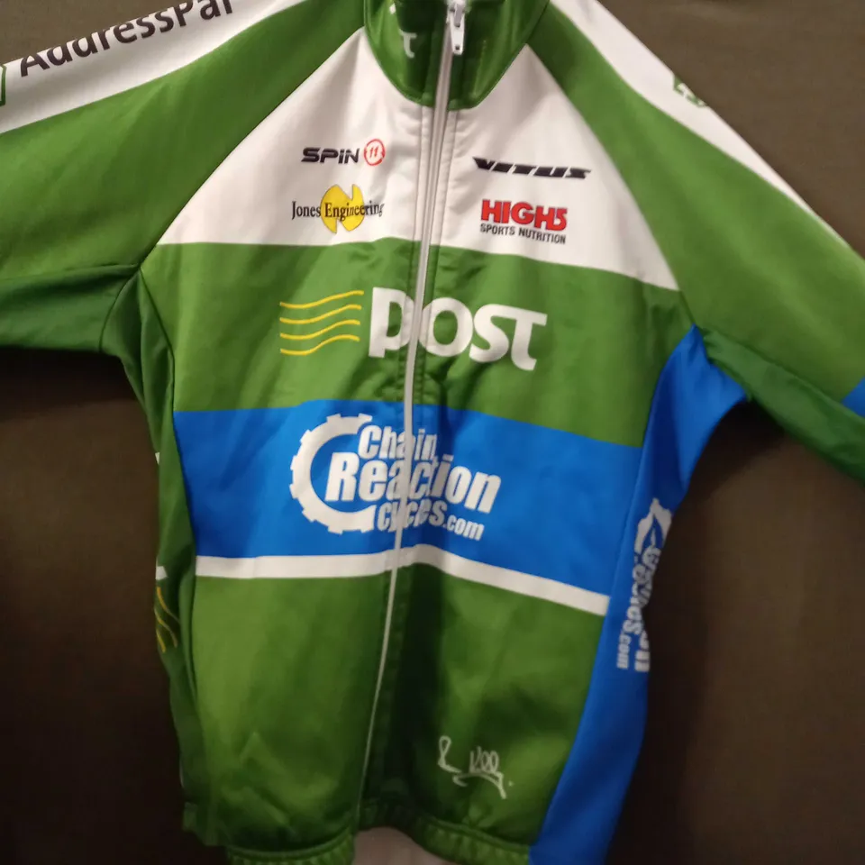 SPIN 11 POST CYCLING THEMED JACKET IN GREEN- SMALL