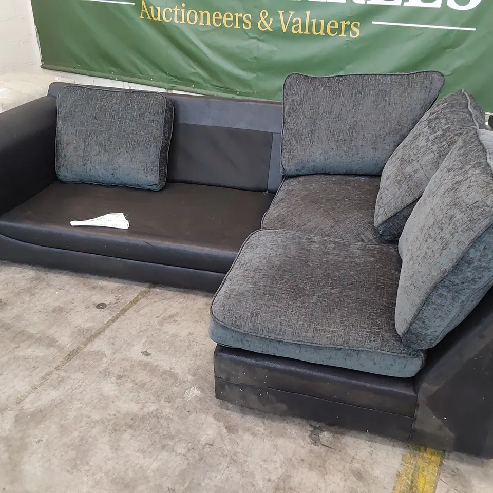 TWO SOFA SECTIONS BLACK FAUX LEATHER & GREY FABRIC