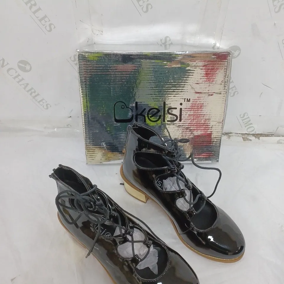 APPROXIMATELY 10 PAIRS OF BOXED KELSI BLACK BLOCK HEEL LACED BOOT IN VARIOUS SIZES