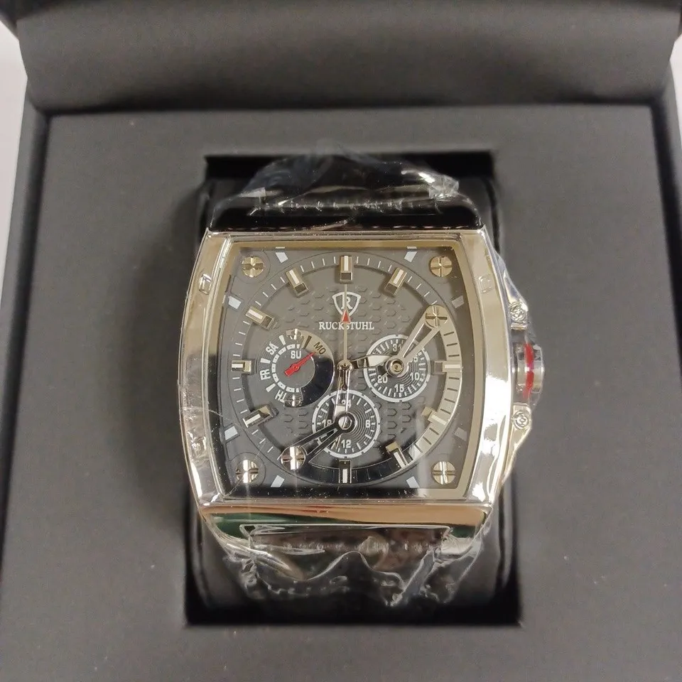 RUCKSTUHL TRIPLE DIAL BLACK LEATHER STRAP WRISTWATCH 