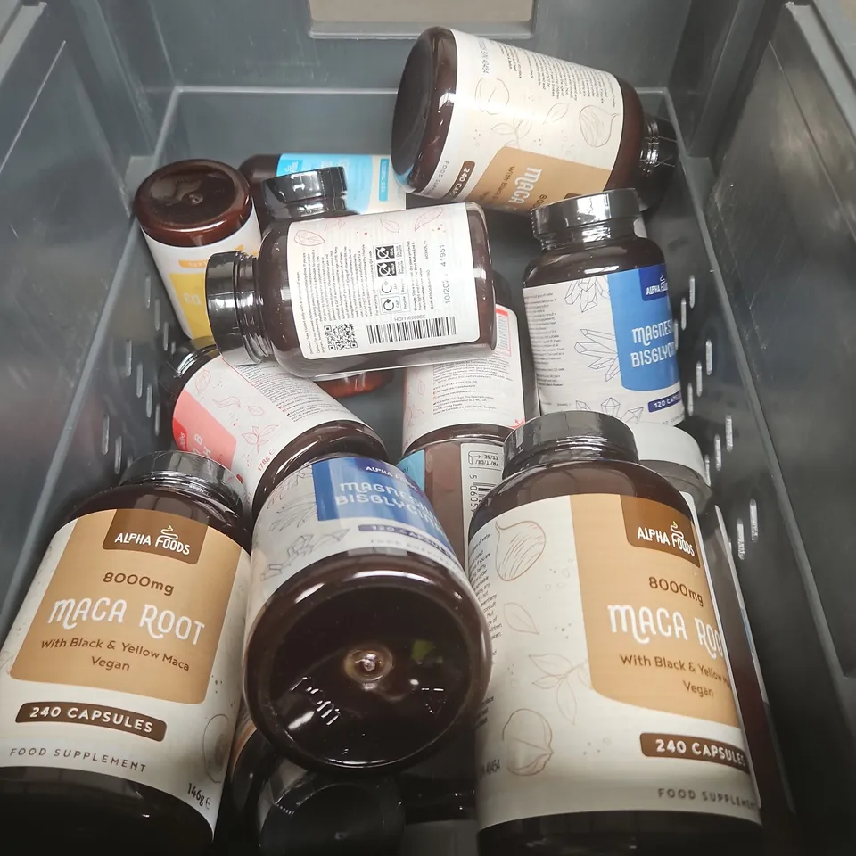 TOTE OF APPROXIMATELY 15 ASSORTED ALPHA FOODS PRODUCTS TO INCLUDE MARINE COLLAGEN - MACA ROOT AND PRO BIO COMPLEX