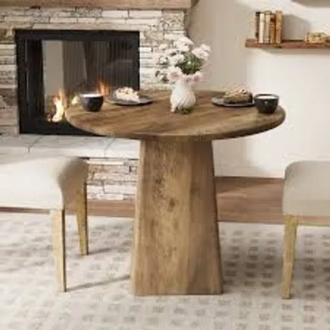 BOXED 31.5 IN. BROWN ROUND WOOD DINING TABLE WITH PEDESTAL BASE SEATS 2-4