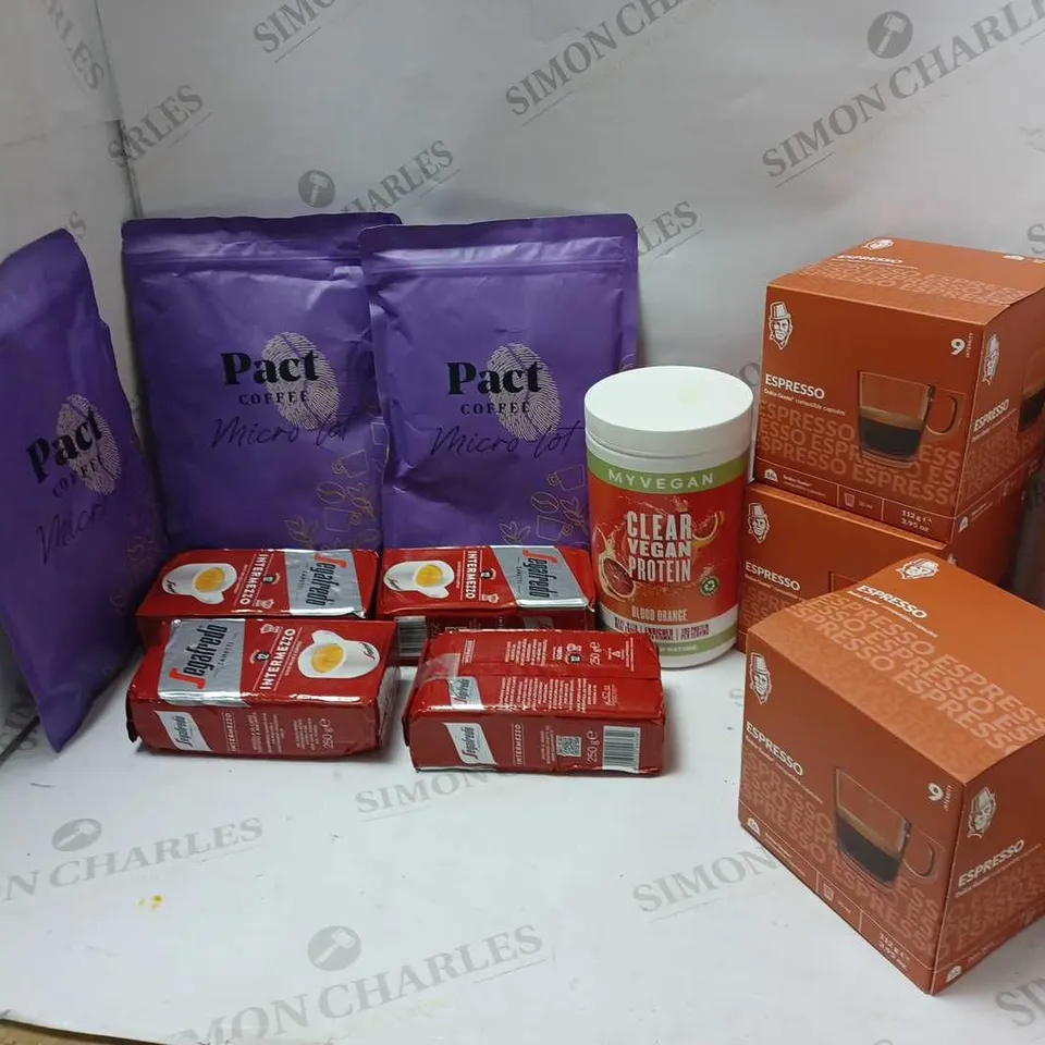 LOT OF APPROXMATELY 11 ITEMS TO INCLUDE MYVEGAN BLOOD ORANGE PROTEIN POWDER (320g), ESPRESSO DOLCE GUSTO CAPSULES (16x), PACT COFFEE EL PINITO ESORESSO MEDIUM ROAST (250g), ETC