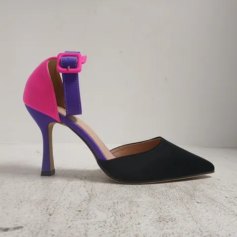 BOXED PAIR OF UNBRANDED POINTED TOE HEELS IN BLACK/PURPLE/PINK SIZE EU 42
