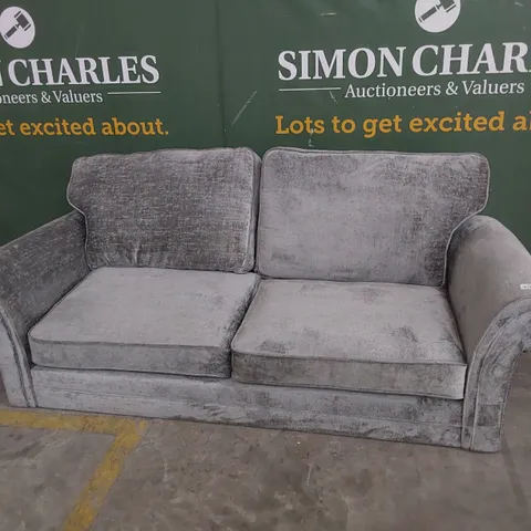 DESIGNER THREE SEATER SCROLL ARM SOFA GREY FABRIC