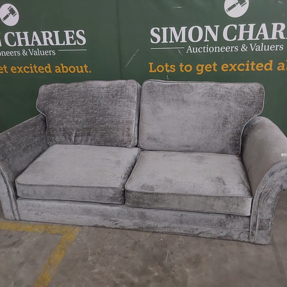 DESIGNER THREE SEATER SCROLL ARM SOFA GREY FABRIC 