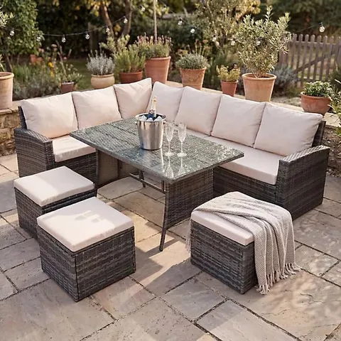 PELIAS CORNER SOFA SET(GREY/BEIGE), RATTAN GARDEN FURNITURE 9 SEATER WITH WEATHERPROOF CUSHIONS (3BOXES)