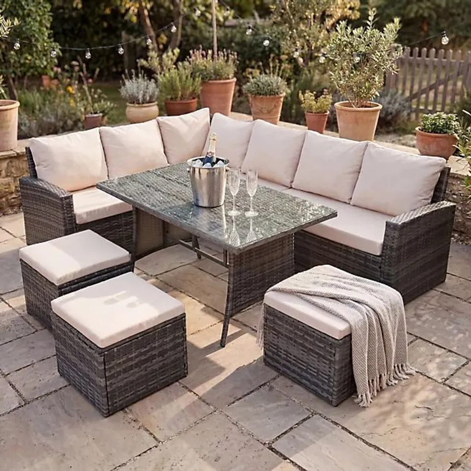 PELIAS CORNER SOFA SET(GREY/BEIGE), RATTAN GARDEN FURNITURE 9 SEATER WITH WEATHERPROOF CUSHIONS (3BOXES)