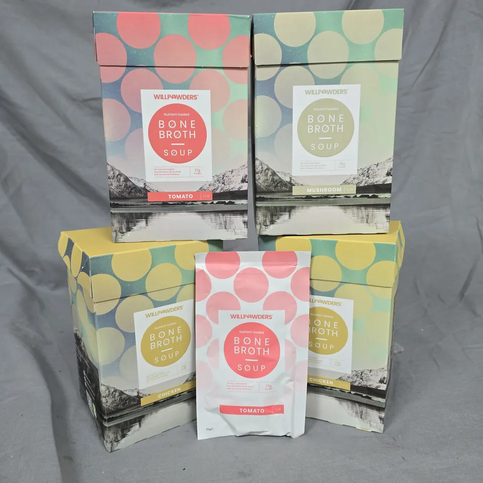 LOT OF 4 MULTIPACK BOXES OF WILLPOWDERS BONE BROTH SOUP IN VARIOUS FLAVOURS - 10X32G