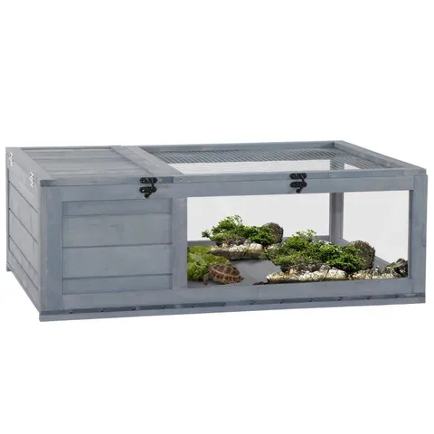 BOXED PAWHUT TORTOISE HOUSE, SMALL REPTILE WOODEN HOUSE, WITH MESH ROOFS - GREY (1 BOX)