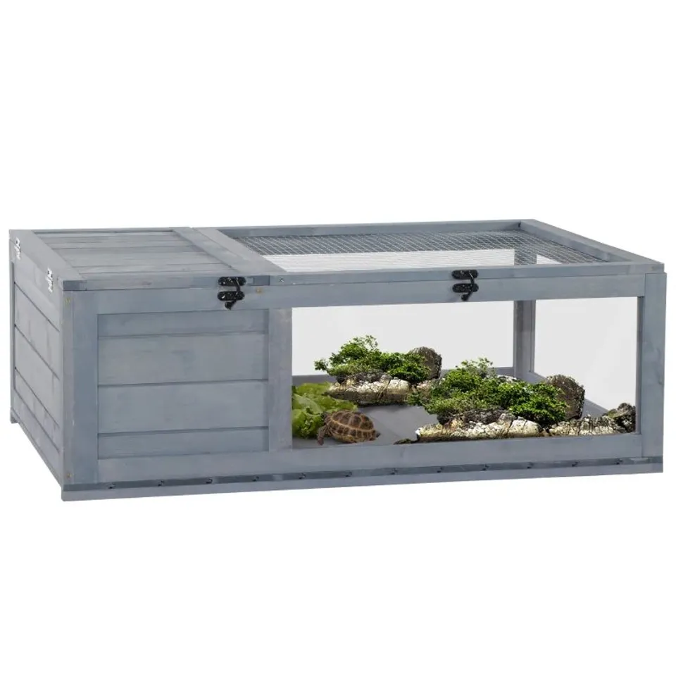 BOXED PAWHUT TORTOISE HOUSE, SMALL REPTILE WOODEN HOUSE, WITH MESH ROOFS - GREY (1 BOX)