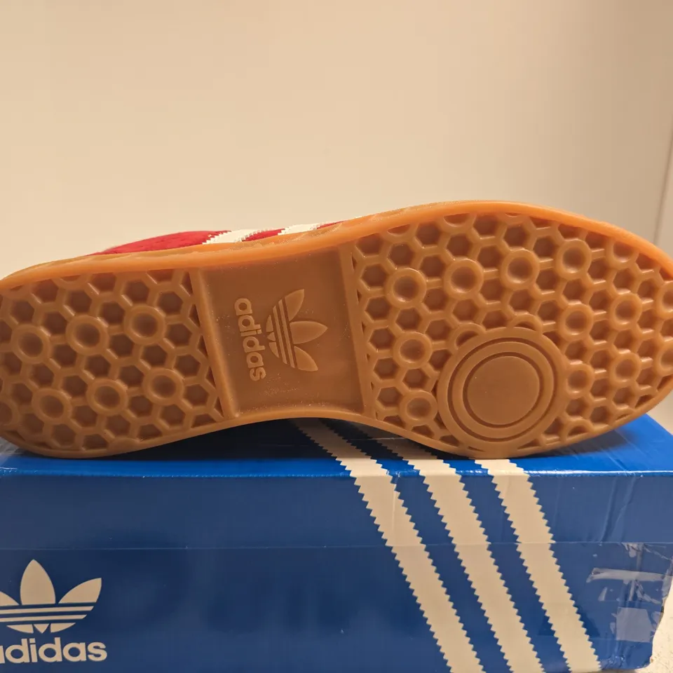 BOXED PAIR OF ADIDAS HAMBURG RED SUEDE SNEAKERS – UK 13 – MEN'S