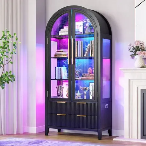 BOXED FREESTANDING ARCH DISPLAY CABINET WITH RGB LIGHTS AND MOTION SENSOR, LARGE CAPACITY TEMPERED GLASS DOORS OFFICE STORAGE CABINETS