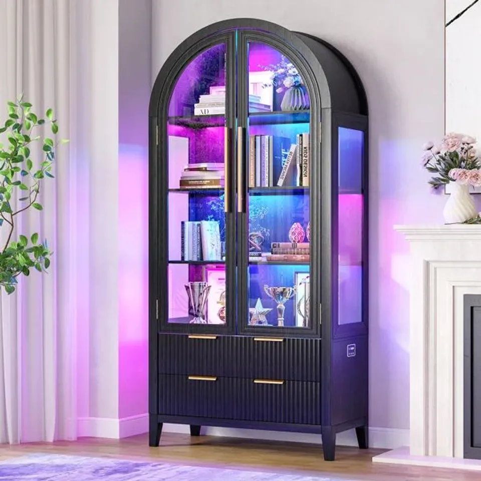 BOXED FREESTANDING ARCH DISPLAY CABINET WITH RGB LIGHTS AND MOTION SENSOR, LARGE CAPACITY TEMPERED GLASS DOORS OFFICE STORAGE CABINETS