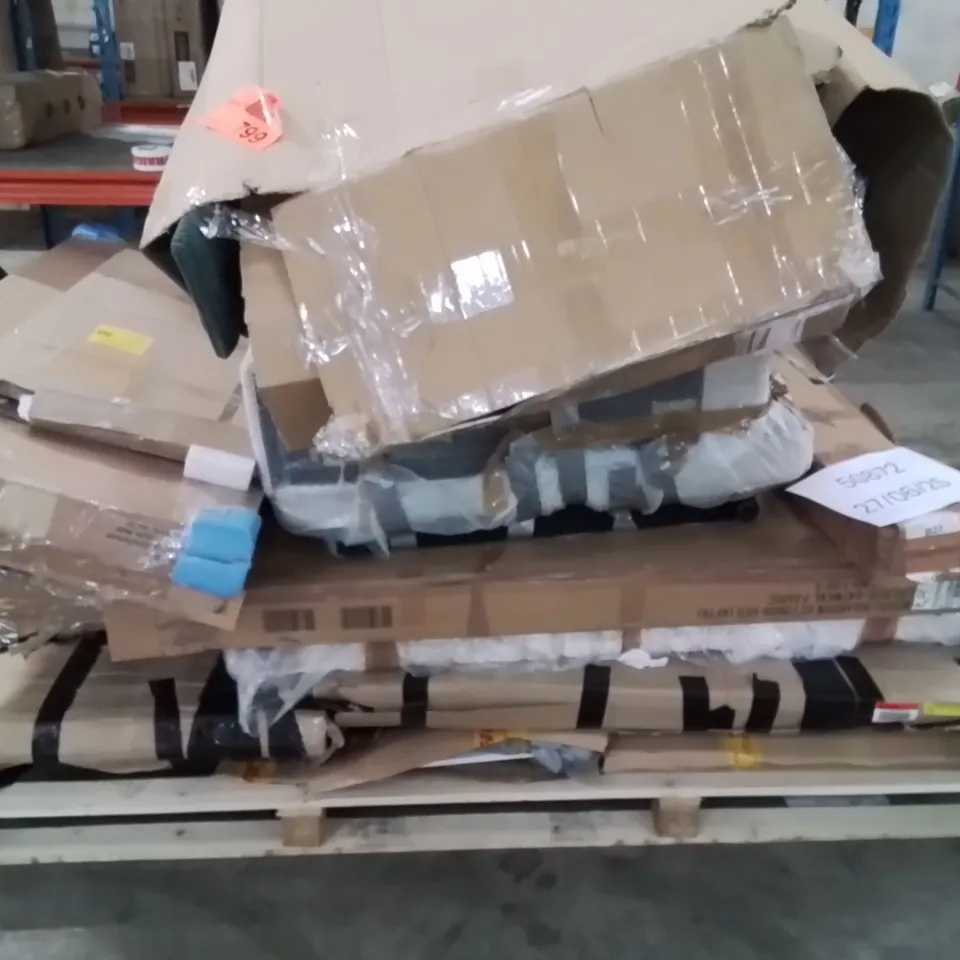 PALLET CONTAINING VARIOUS INCOMPLETE BOXED FURNITURE PARTS AND OTHER HOUSEHOLD ITEMS ETC.