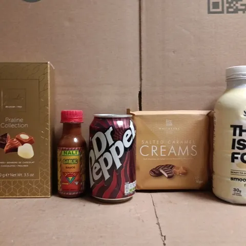 APPROXIMATELY 10 ASSORTED FOOD AND DRINK ITEMS TO INCLUDE DR PEPPER, GARLIC SAUCE, ETC