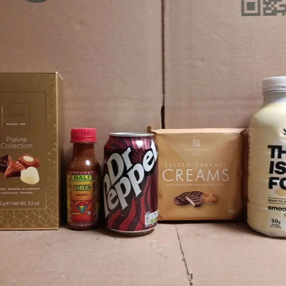 APPROXIMATELY 10 ASSORTED FOOD AND DRINK ITEMS TO INCLUDE DR PEPPER, GARLIC SAUCE, ETC