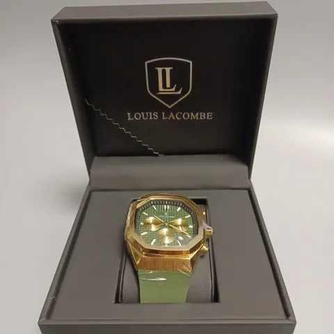 MENS LOUIS LACOMBE CHRONGRAPH WATCH – 3 SUB DIALS – GOLD COLOUR CASE – GREEN RUBBER STRAP