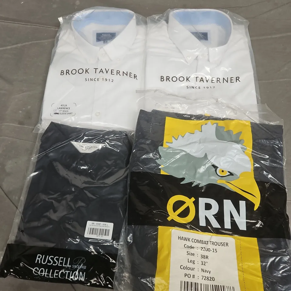 APPROXIMATELY 20 ASSORTED WORKWEAR CLOTHING ITEMS IN VARIOUS SIZES TO INCLUDE HAWK COMBAT TROUSERS, BROOK TAVERNER SHIRT, RUSSELL COLLECTION SHIRT, ETC