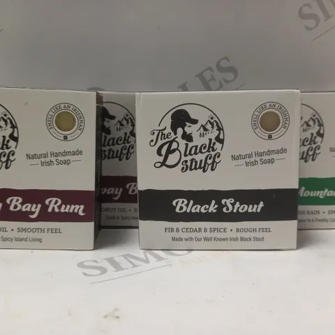 BOX OF 4 THE BLACK STUFF ORGANIC SOAP BARS TO INCLUDE GALWAY BAY RUM, BLACK STOUT, IRISH MOUNTAIN RAIN