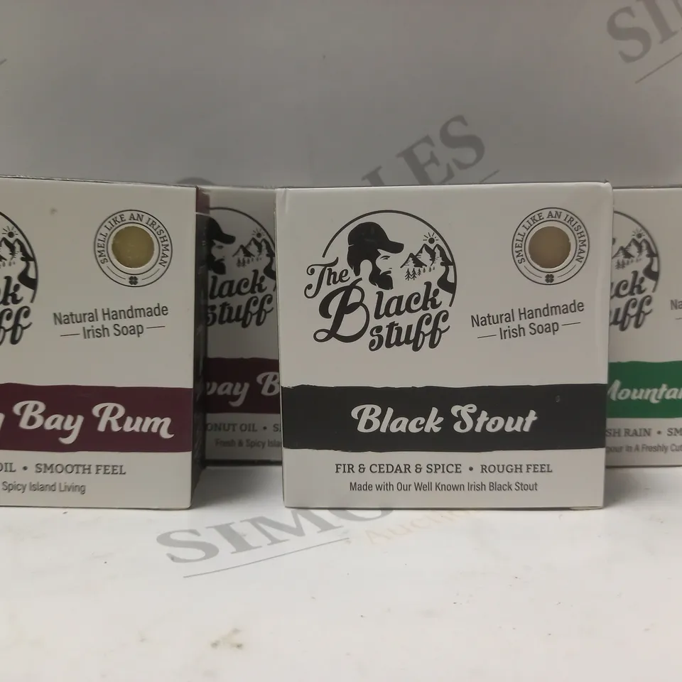 BOX OF 4 THE BLACK STUFF ORGANIC SOAP BARS TO INCLUDE GALWAY BAY RUM, BLACK STOUT, IRISH MOUNTAIN RAIN