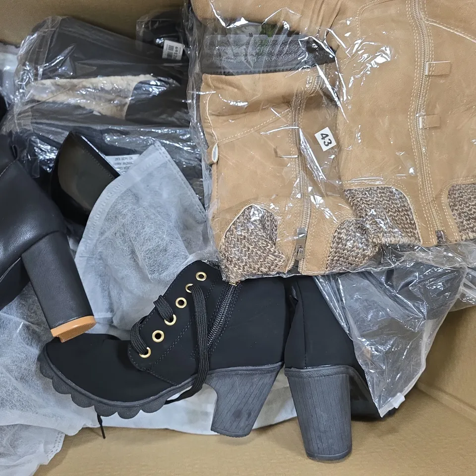 BOX OF APPROXIMATELY 15 ASSORTED PAIRS OF SHOES AND FOOTWEAR ITEMS IN VARIOUS COLOURS, STYLES, AND SIZES - COLLECTION ONLY