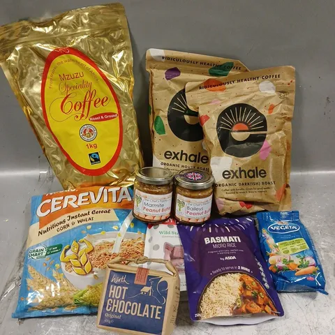 APPROXIMATELY 10 ASSORTED FOOD ITEMS TO INCLUDE - EXHALE COFFEE - CANDY KITTENS WILD STRAWBERRY - THE CHEF'S PANTRY MARMITE PEANUT BUTTER - ETC