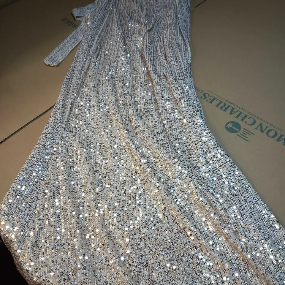 DESIGNER BLUSH SEQUIN DETAILED STRAPLESS STATEMENT MAXI DRESS - LARGE